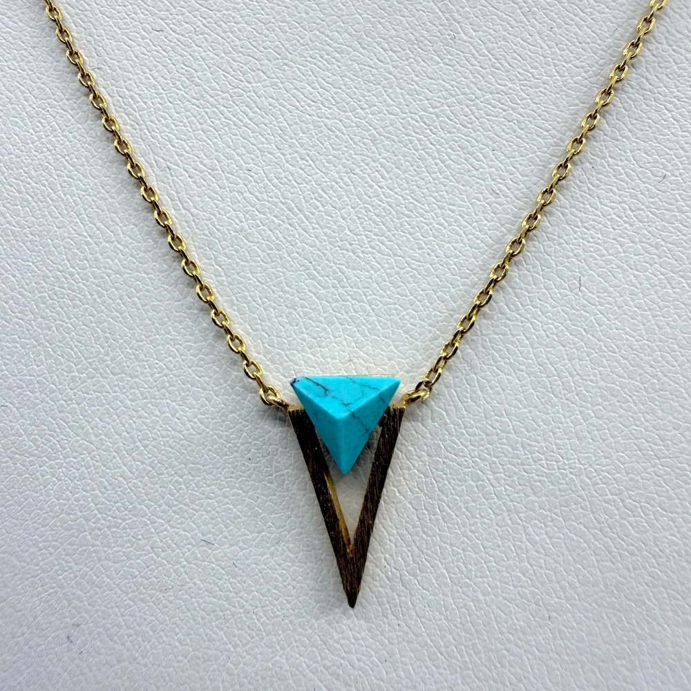 Minimalist Gold Tone Geometric Triangle Necklace with Turquoise Accent Boho Gift